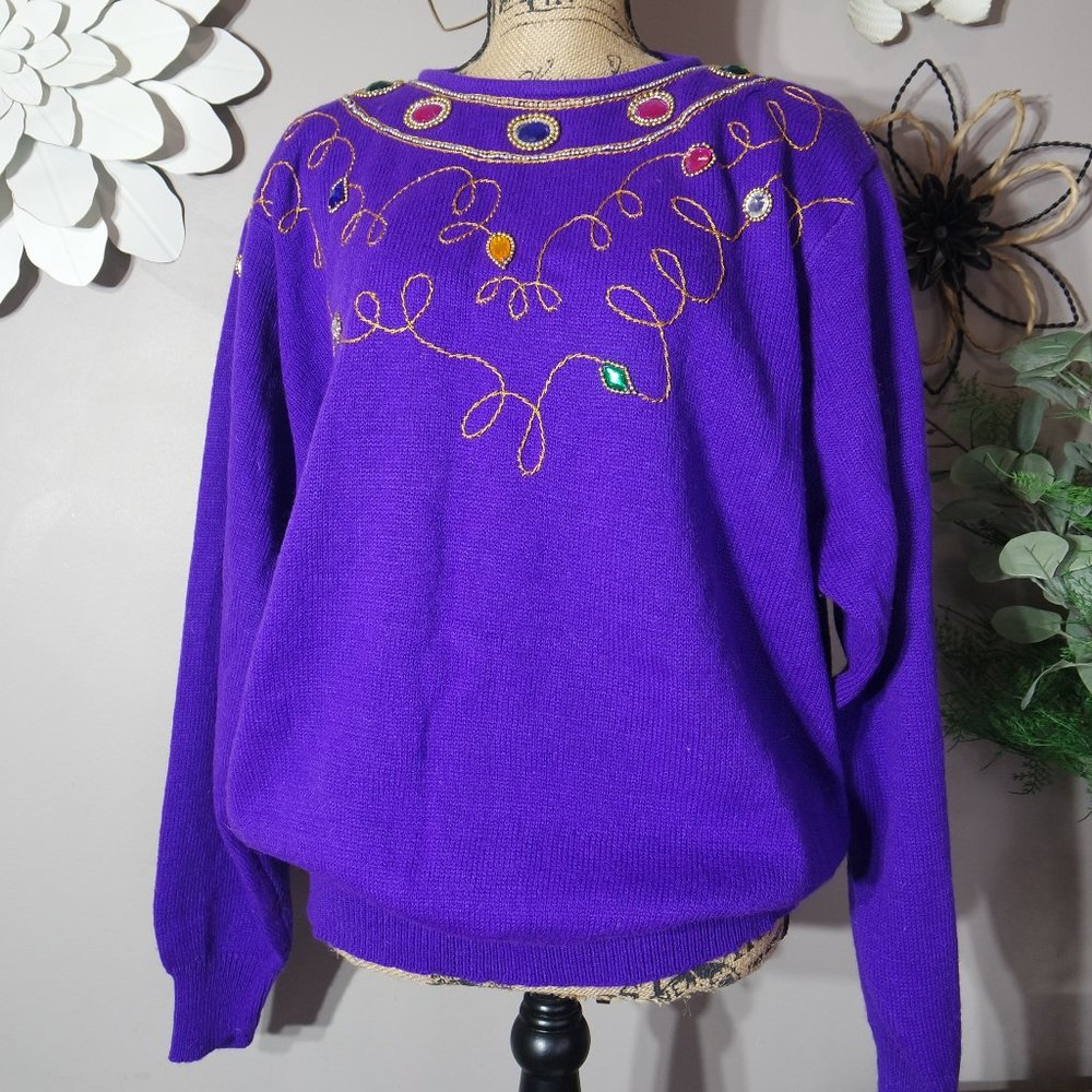 Vintage LADY DARIAN 80s Beaded Embellished Purple Knit Pullover Sweater